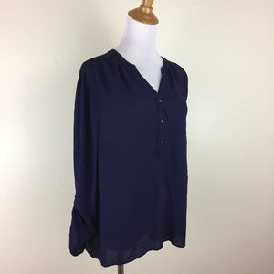 REITMANS Dark Blue V Neck Long Sleeve Some Buttons Blouse Shirt